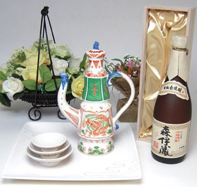 プレミアム焼酎とそ器セット 萬古焼きお屠蘇5点セット岸寿美子デザインA(盆白)+本格芋焼酎 森伊蔵 720ml桐箱入り(焼酎)(日本製万古焼き(三重県))