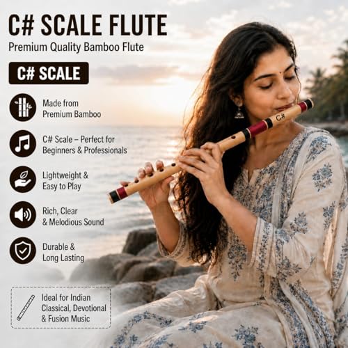Image of Kaiden Flute | C# Bamboo Flute | Basuri in C# | 100% Natural Bamboo, 35 cm | 7 Holes, Ideal for Practice | Best For Beginner and Professional | Premium Bamboo Bansuri Flute in C# | 46 cm, Lightweight