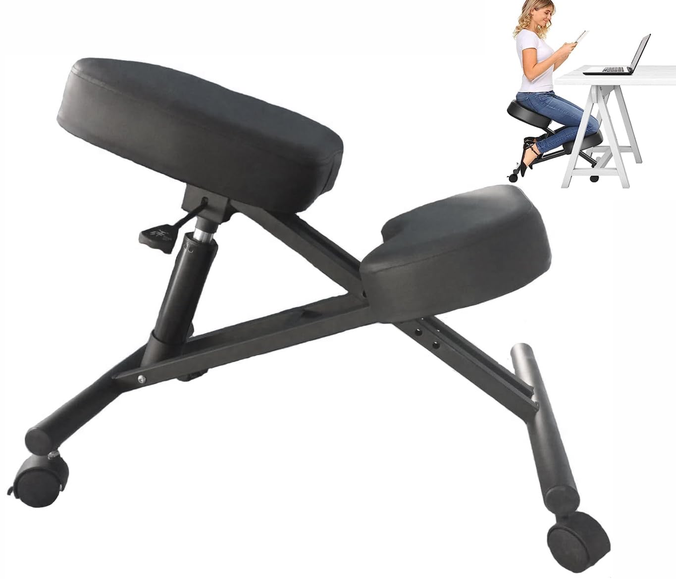 DEONG Ergonomic Kneeling Desk Chair, Kneeling Chair, Height Adjustable Stool for Home and Office, Angled Balancing Seat, Improve Posture to Relieve Neck & Back Pain, Black