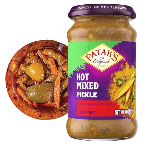 Patak’s Hot Mixed Pickle - Authentic Indian Relish w/Mangoes, Carrots, Limes, Chili Peppers & Aromatic Spices -Perfect for Sandwiches, Salads & Cold Meats - Vegan Spicy Pickle - 10oz Jar (Pack of 1)