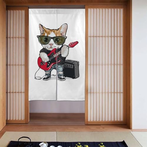 ギターを弾く かわいい 猫柄 アニメ 間仕切り のれん ロングカーテン 四季兼用 暖簾 和風 おしゃれ 遮光のれん 幅86丈143cm DF47