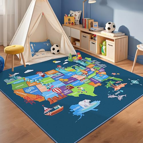 BEQHAUSE Rug for Kids Room Country Map, Non-Slip 64”x60” Educational Nursery Rug for Children's Bedroom, Washable Play Area Rugs for Kids Playroom