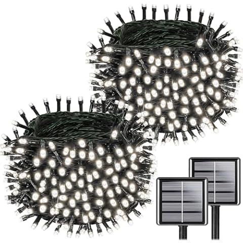 Solar String Lights Outdoor Waterproof 2PK 200LED 66FT Twinkle Lights Auto On/Off Solar Powered LED Fairy Light Green Wire with 8 Modes for Christmas Tree Party Wedding Garden Decoration (Cool White) Cover