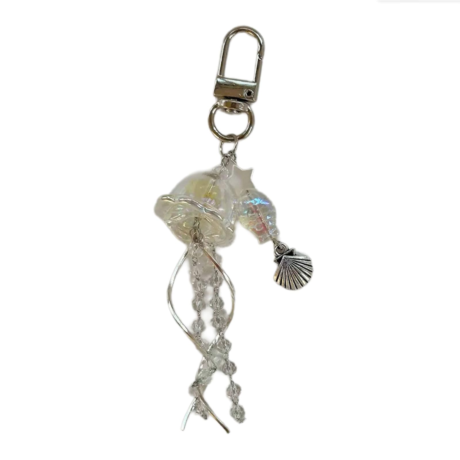 NEWFT Lovely Jellyfish Phone Charm Handmade Keychain with Tassels Acrylic Beaded Pendant Phone Lanyard Stylish Keyring Jewelry
