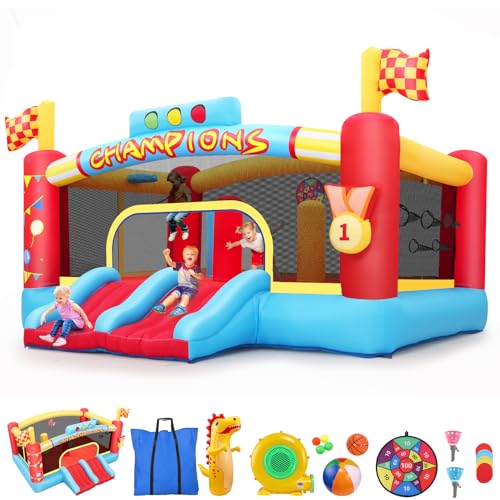 Bounce House for Kids, 13FT Large Inflatable Bounce Castle with Blower Blow Up Jumping Bouncer with Double Slide, Obstacle Poles & Target Toss Game, Champion Race Car Theme