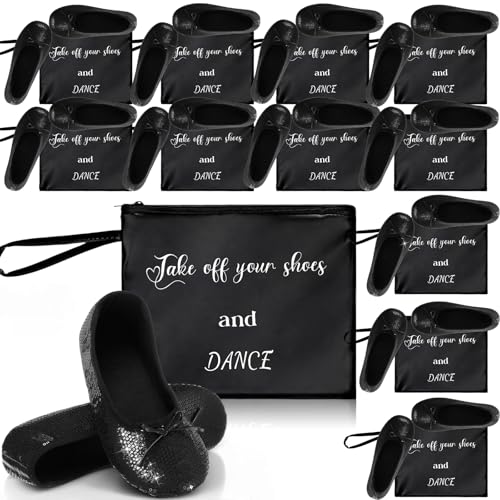 12 Pairs Sequin Foldable Wedding Flats Bulk Bridesmaid Glitter Ballet Slippers with Pouch Bridal Shower Party Dancing Shoes for Women Guests Bridesmaids