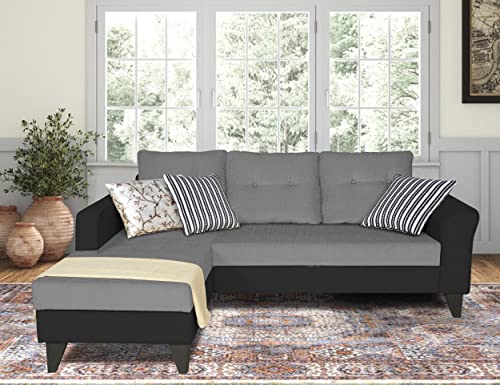 Image of Adorn India Maddox L Shape 4 Seater Sofa Set Tufted Two Tone LHS (Grey & Black) (3 Year Warranty)