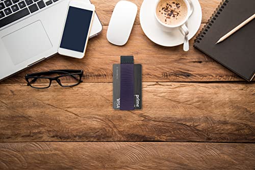 Image of Modern Carry Quick Draw Minimalist Wallet for Men & Women, Elastic Band Minimal Credit Card Holder with Leather Tab, Card Grabber for Long Nails, Money Clip Alternative (Black) (Purple)