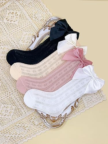 OYOANGLE Girl's 4 Pairs Cute Ruffle Knee High Socks Bow Front Over the Calf Socks Black Beige 2Y2