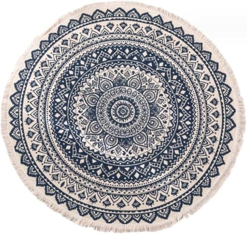 Ambety コットンとリネンのカーペット、レトロな寝室のリビングルームのベッドサイドマット、手織り、汚れに強いタッセルプリントのラウンド、モダンな寝室の四季、室内装飾 (C,180cm)