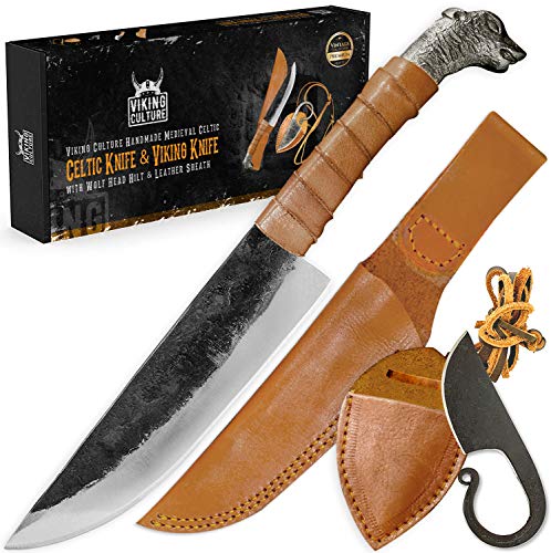 Viking Culture 2-Piece Viking knife Set - 10.3" Wolf-Head Viking Knife with 6.5" Blade & Leather Sheath - 3" Celtic Pocket Knife with Necklace Case - Sharp Hand-Forged Real Carbon Steel