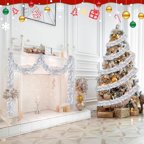 Image of 50FT Silver Christmas Tinsel Garland - Metallic Tinsel Glitter Twist Garland Hanging Streamers for Xmas Tree Garlands Decorations