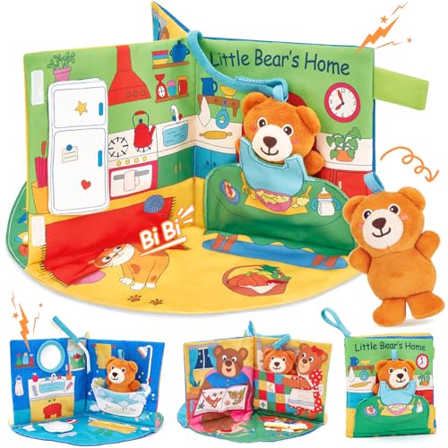 hahaland Livre Tissu Bebe Eveil 1 an - Livres activite sensoriel tactiles Bebes, Jouets Tissu Temps sur Ventre de 6 9 12 18 Mois, Livre interactif bébés 6-12...