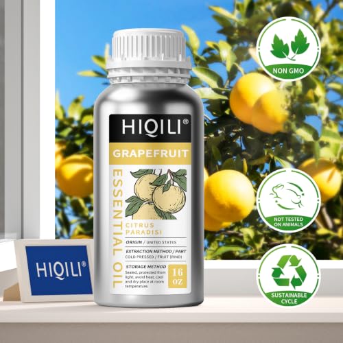 Image of HIQILI Grapefruit Essential Oil for Skin Care, Diffuser & DIY | Large Bottle with Two Travel-Size Vials for Custom Blending and Spa Massage, Refreshing Citrus Scent -500ml / 16 fl oz