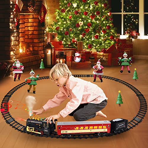 Image of aotipol Electric Toy Train Set Including Passenger Coach with Lights, Steam Locomotive with Realistic Sounds & Headlight, Coal Car - Christmas Train Sets Under the Tree, Gift for Kids Black