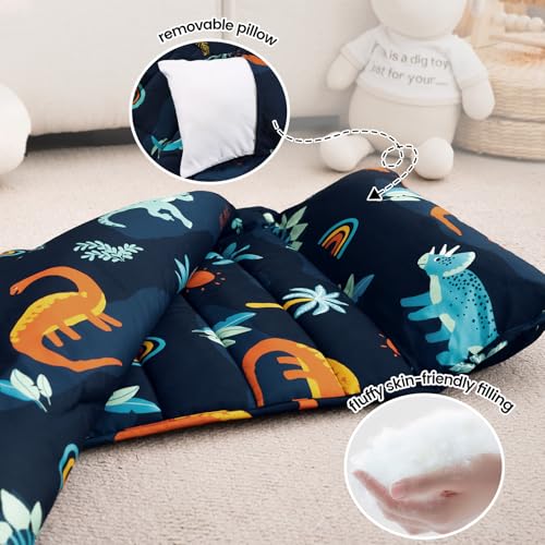 Image of PHF Soft Toddler Nap Mat with Removable Pillow, Rollup Design Kids Sleeping Mat, Slumber Bags for Boys, 55 inchx23 inch Toddler Sleeping Bag for Daycare Preschool Travel Camping, Large Navy Dinosaur
