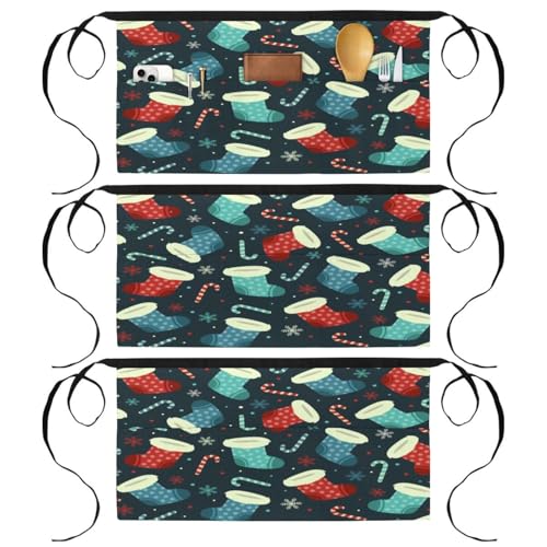 Lot de 3 tabliers courts de chef multicolores avec 3 poches pour cuisine et bistrot