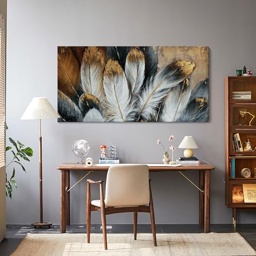 Image of Mofutinpo Feather Wall Art Modern Living Room Bedroom Wall Decoration Large Giclee Print Canvas Painting Artwork for Home Decor One Piece White Gold Brown Feather Picture Ready to Hang 24x48 Size