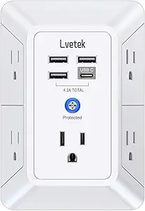 5 Outlet Extender Multi Plug Wall Outlets with 4 USB Charging Ports (1 USB C Outlet), 3 Sided 1680J Surge Protector Power Strip USB Wall Charger for Home, Office, Travel, ETL Listed, White
