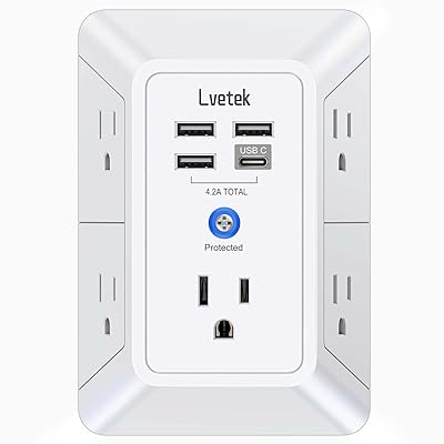 5 Outlet Extender Multi Plug Wall Outlets with 4 USB Charging Ports (1 USB C Outlet), 3 Sided 1680J Surge Protector Power Strip USB Wall Charger for Home, Office, Travel, ETL Listed, White