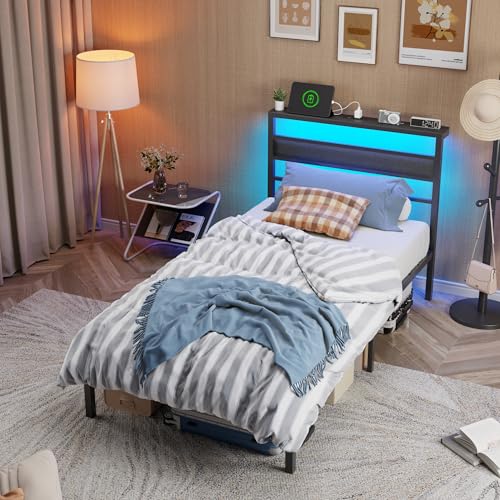 Image of OURPIC Twin Bed Frames for Kids, Metal Platform Bed Frame Twin Size with Charging Station and LED Lights, Upholstered Headboard and Storage Shelf, No Box Spring Needed, Easy Assembly