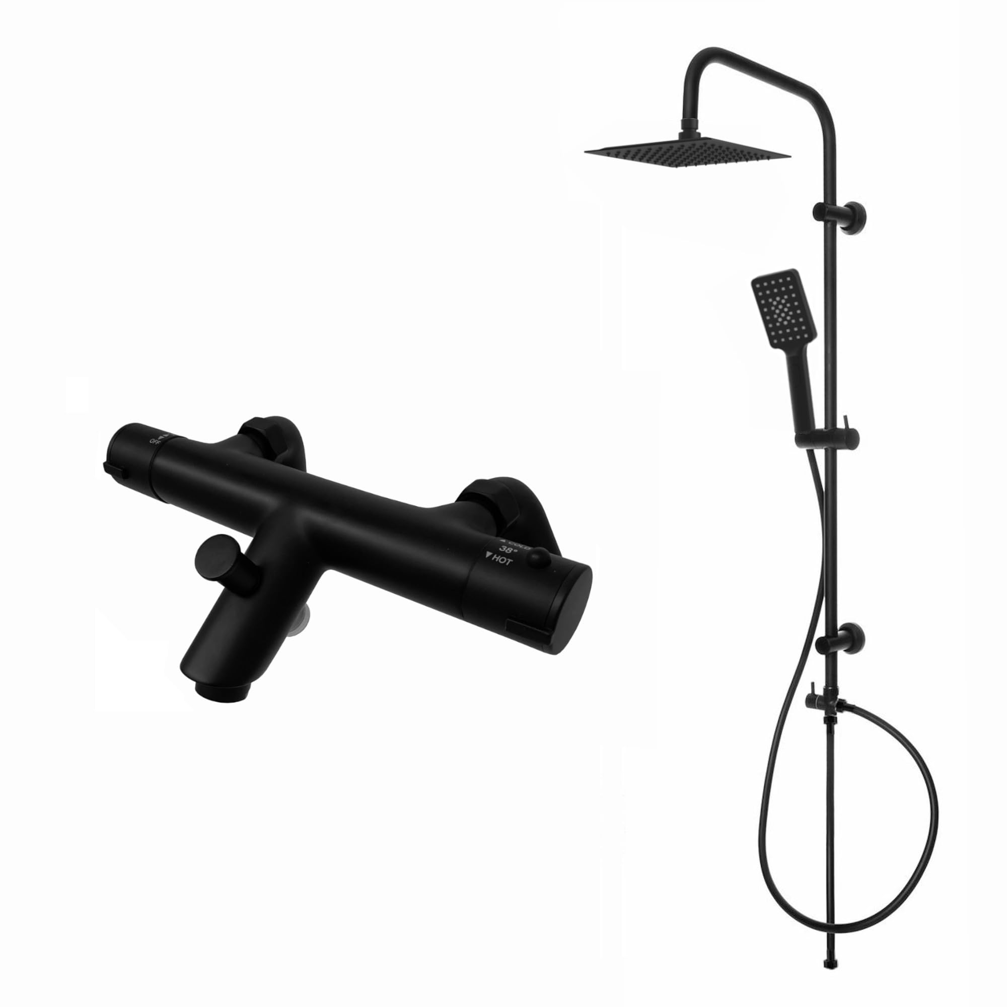 Enki Black Dune, Bbt0251, Thermostatic Deck Mounted Bath Shower Mixer Valve With Dual Rigid Riser Kit, Brass, Square 200Mm Ultra Slim Overhead Shower & Handset, Anti-Scald, Modern, 1-Year Guarantee