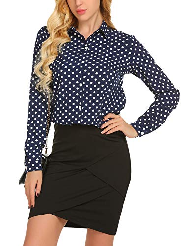 Zeagoo Women's Long Sleeve Casual Button Up Polka Dot Blouse Office Shirt Top, Blue, Medium
