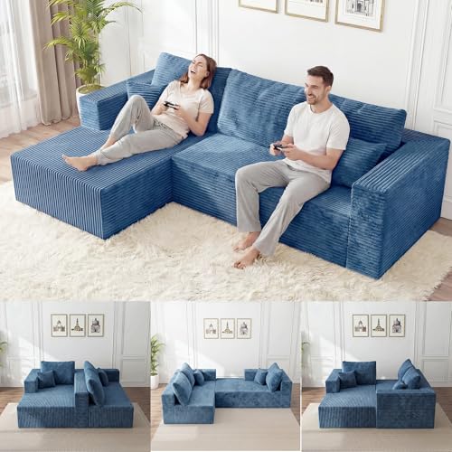 Image of 92.5 inch Modualr Sectional Sofa, L-Shape Corduroy Sectional Cloud Couch with Chaise, Upholstered Memory Foam Boneless Couch for Living Room, No Need Assembly - Blue(Left Facing Chaise)