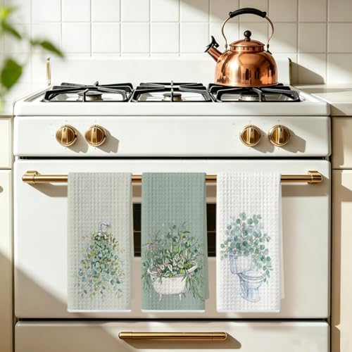 Image of 3 Pcs Eucalyptus Hand Towels 24x14 Inch, Botanical Reusable Dish Towels | Waffle Weave Hand Cloth Tea Towel for Kitchen Farmhouse Decor, Green Leaves Gifts for Women Friend