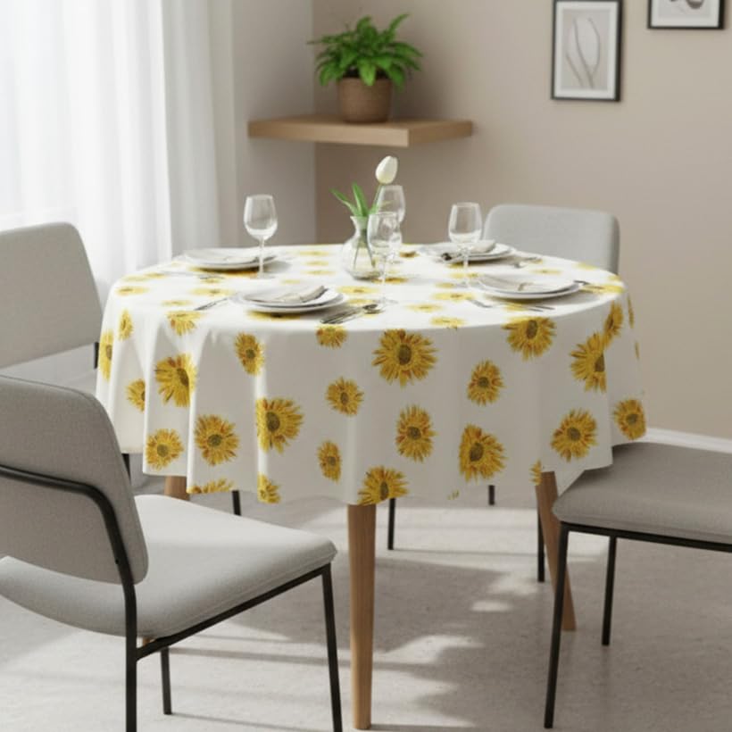 Image of HOMEMONDE 100% Cotton Premium Dining Round Table Cover, 45 x 45 Inches Floral Printed Table Cloth 4 Seater, Round Table Cover - (114 x 114 CM, Sun Flower - Multicolor)