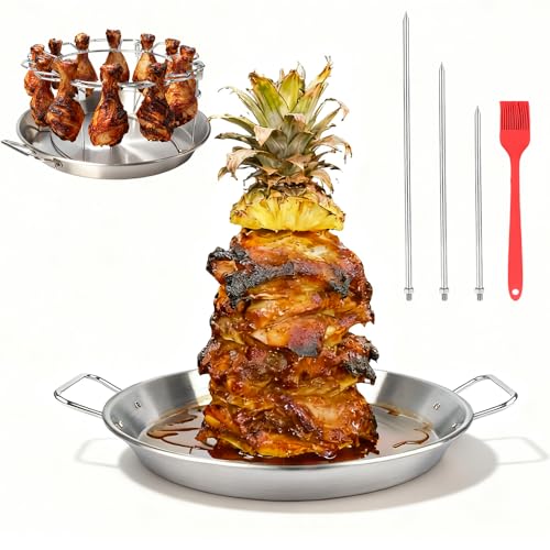 Vertical Skewer Gyro Spit Pan with Chicken Leg Rack for Grill 13 Inch Stainless Steel-Shawarma Stand for Oven Al Pastor Skewer with 8-12 Inch Sticks for Tacos Chicken Drumstick Brazilian