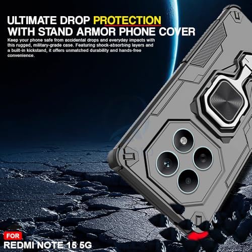 Image of AESTMO Armor Back Cover for Redmi Note 15 5G / Redmi Note 15 SE 5G / Poco M8 5G | Ring Holder & Kickstand & Camera Protection in-Built | 360 Degree Protection Back Case Cover (Black)