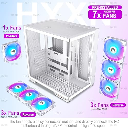 Image of H1 HYXN ATX PC Case - Pre-Installed with 7 PWM ARGB Fans - Dual Cavity Mid-Tower PC Gaming Case - with Type-C - Can Hold up to 3X 360mm Radiator Support simultaneously (White, H1)