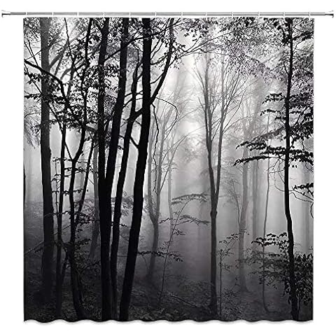 BCNEW Forest Shower Curtain Black and White Woods Heavy Foggy Abstract Gothic Gross Shadow Dark Landscape Gray Art Printed Polyester Fabric Bathroom Decor Set 70×78 Inch with Hook Cover