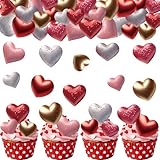 Fyeoxle 56PCS Edible Heart Cupcake Toppers Wafer Paper Red Pink Heart Cupcake Picks Sweet Love Cake Decor for Valentine's Day Theme Party Birthday Decoration Supplies