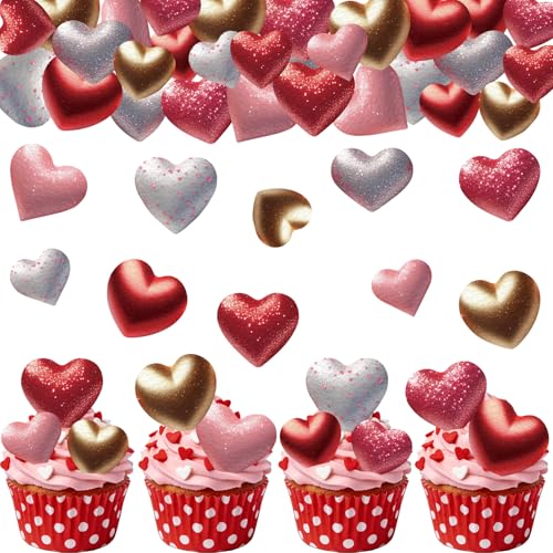 Fyeoxle 56PCS Edible Heart Cupcake Toppers Wafer Paper Red Pink Heart Cupcake Picks Sweet Love Cake Decor for Valentine's Day Theme Party Birthday Decoration Supplies
