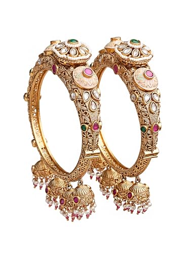 Image of Karatcart Traditional Royal Design Gold-Plated Red Stone Bridal Jhumka Bangles for Women