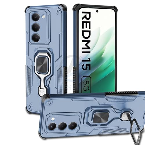 Image of AESTMO Armor Back Cover for Redmi 15 5G | Ring Holder & Kickstand & Camera Protection in-Built | 360 Degree Protection Back Case Cover (Blue)