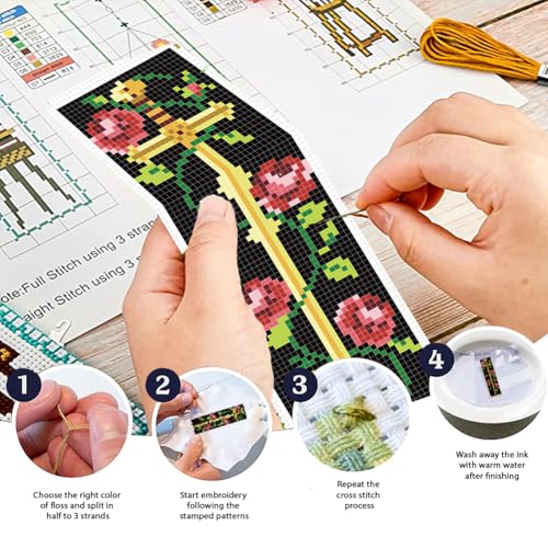 Image of FREEBLOSS 6 Set Cross Stitch Bookmark Kits Sword & Rose Pattern Stamped Cross Stitch Kit 11CT Embroidery Kit with Instructions for Adults Beginners 20x6cm /8x2.4inch