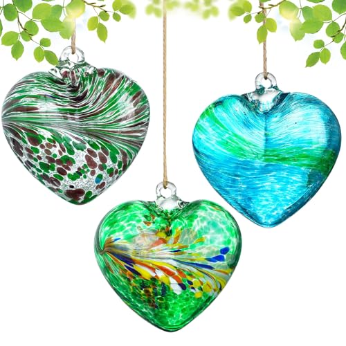 Set of 3 Green Blown Glass Heart Ornaments 4 Inch...