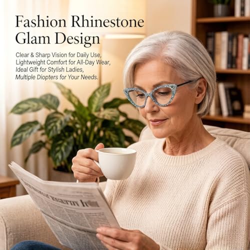 Image of ICARA Bling Rhinestone Cat Eye Reading Glasses for Women - Blue Light Blocking Computer Readers Lightweight TR90 Frame