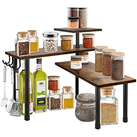 BCOZLUX Kitchen Countertop Organizer, 3 Tier Corner Counter Shelf with Metal Hooks, Bathroom Counter Organizers and Storage, Tiered Wood Spice Rack, Rustic Brown and Black Cover