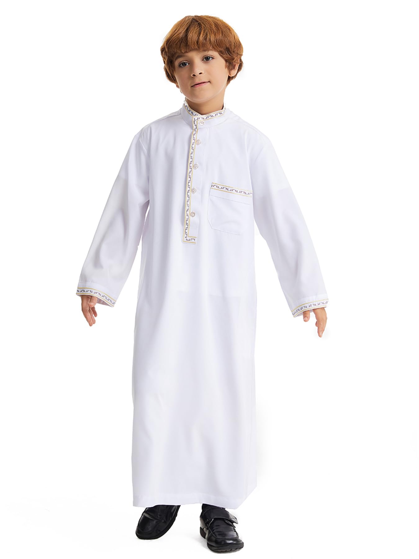 Qianliniuinc Robe islamique à col rond pour garçon - Manches longues - Robe musulmane avec poches