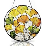 Ginkgo Leaf Stained Glass Window Hanging, 7.8''Yellow & Green Ginkgo Stained Glass Suncatcher for Window & Home Autumn Garden Decor Plant Sun Catcher Fall Gift for Women Mother Plant Lovers