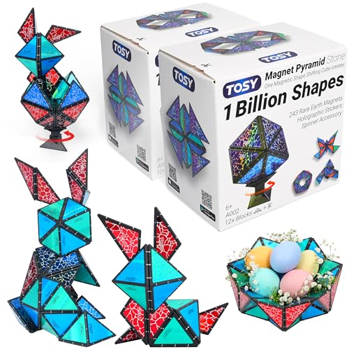 TOSY Magnet Pyramid Stone – 1 Cube Transforms into 1 Billion Shapes (Bunny, Egg Basket, Flowers, Heart…), 243 Rare Earth Magnets, Holographic Design, Puzzle/STEAM Toy, Easter Birthday Gift, 2-Pack