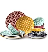 DOWAN Ceramic Plates and Bowls Sets, 12-Piece Dinnerware Sets for Father's Day Gifts, Colorful Di...