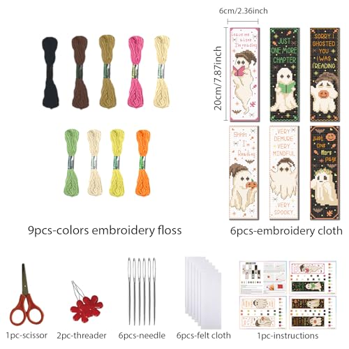 Image of FREEBLOSS 6pcs Cross Stitch Bookmark Kit for Adult Beginners Ghost Pattern Stamped Embroidery Bookmark Kits Bookmarks Craft Kit with Instructions 11CT 8''x2.4''