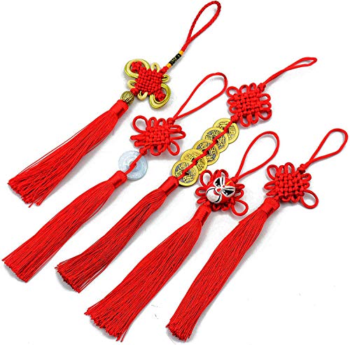 5pcs Handmade Silky Floss Chinese Tassel with Satin Silk Made Chinese Knots for Door and Car Handing Decoration, DIY Craft (Mixed1)