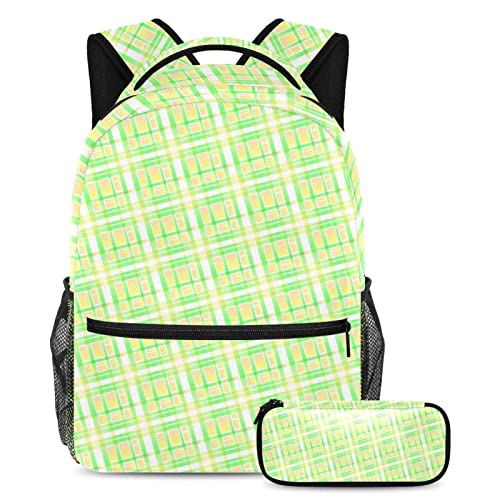 Sac à dos à carreaux verts avec trousse assortie pour l'école et les voyages