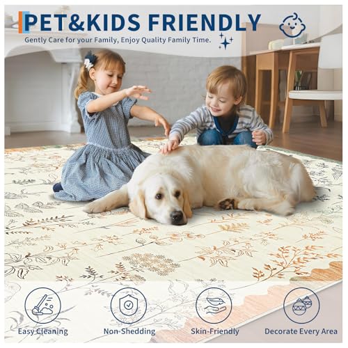 GarveeHome Washable 5x7 Rugs for Living Room Floral Scalloped Bedroom Area Rug, Non-Slip Dining Table Solid Neutral Throw Mat, Botanical Area Rug Carpet for Entry Basement Dorm Farmhouse,Beige